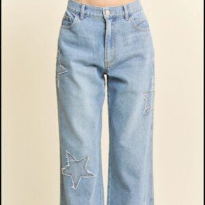 Dani & Davi Star Patchwork Side Pocket Wide Leg Denim Pants